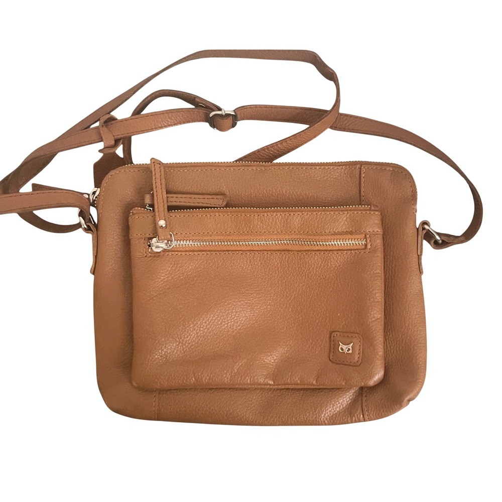 Wise Owl Tan Pebble Grain Leather Crossbody Bag Multi Pocket Adjustable Strap